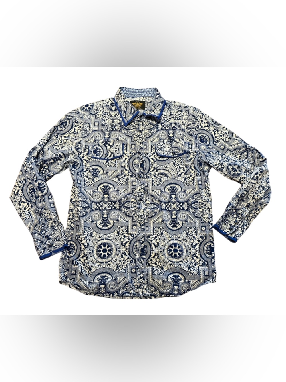 Limited Edition Mens Large Blue and White Paisley Print Pearl Snap Western Shirt